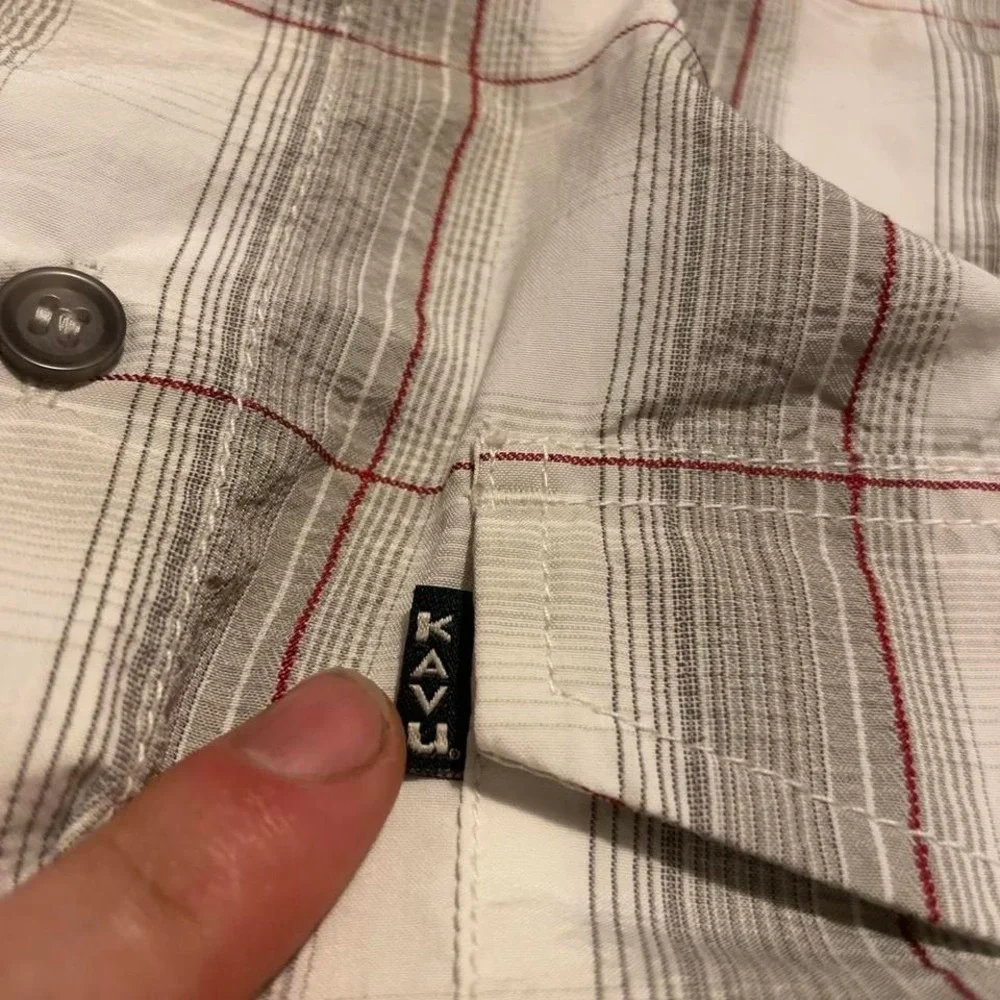00s Kavu plaid pattern button up two pocket gorpcore hiking shirt M grey red - Picture 3 of 5
